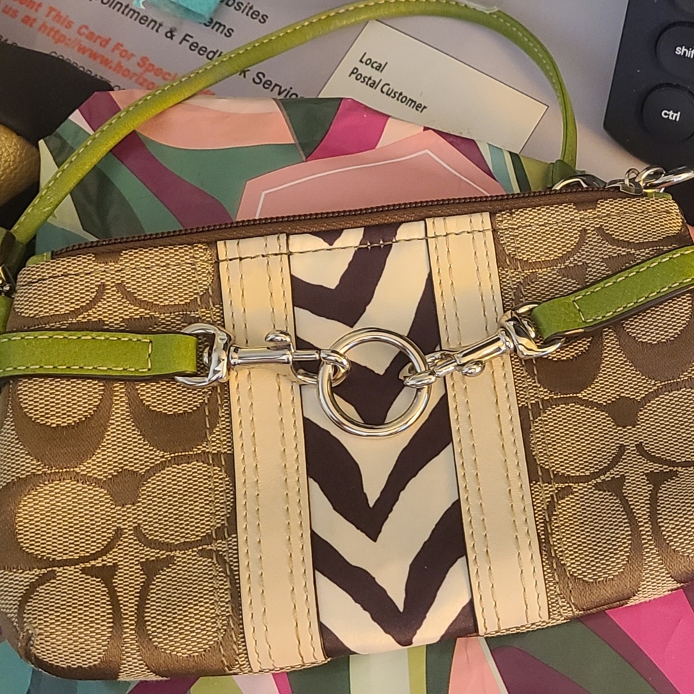 Coach Brown and Green Clutch with Cream Accents